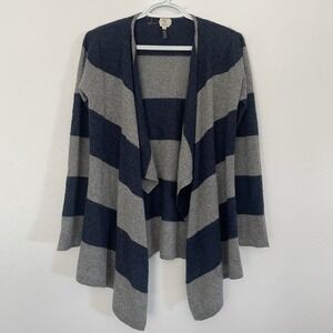 EUC Qi Cashmere Open Front Cardigan Sweater Navy/Gray Stripe Draped Soft Cozy XS